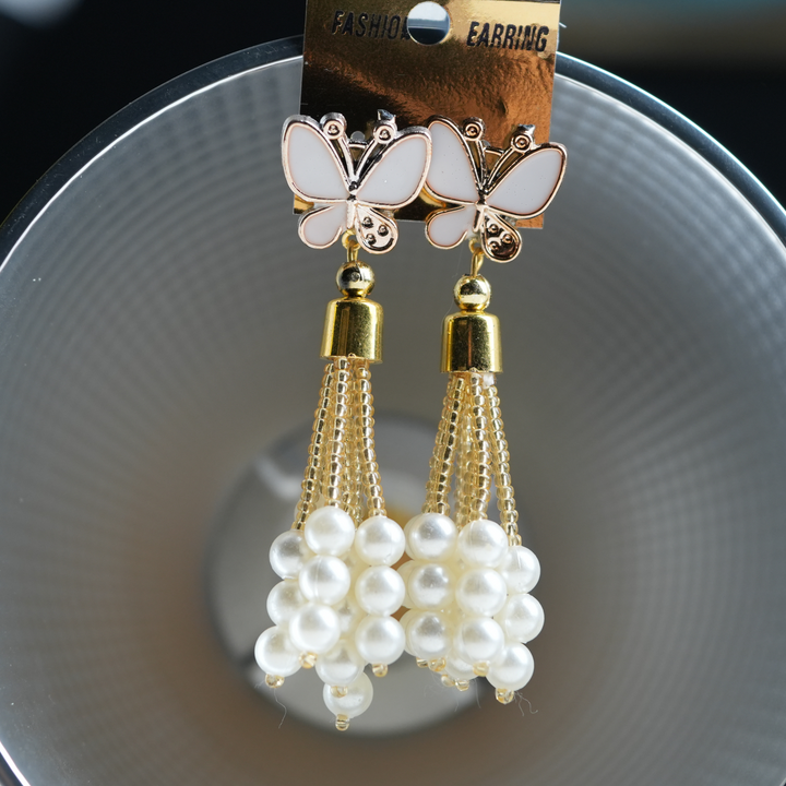 White Pearl Ear-drops with Butterfly Design