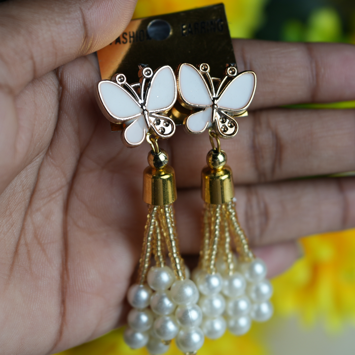 White Pearl Ear-drops with Butterfly Design